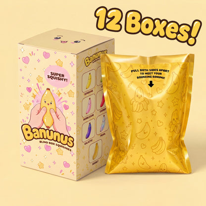 The Case, 12 Banunus squishy banana blind boxes: printed card box beside a sealed gold foil bag