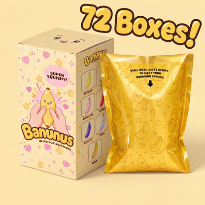 The Frenzy, 72 Banunus squishy banana blind boxes: printed card box beside a sealed gold foil bag