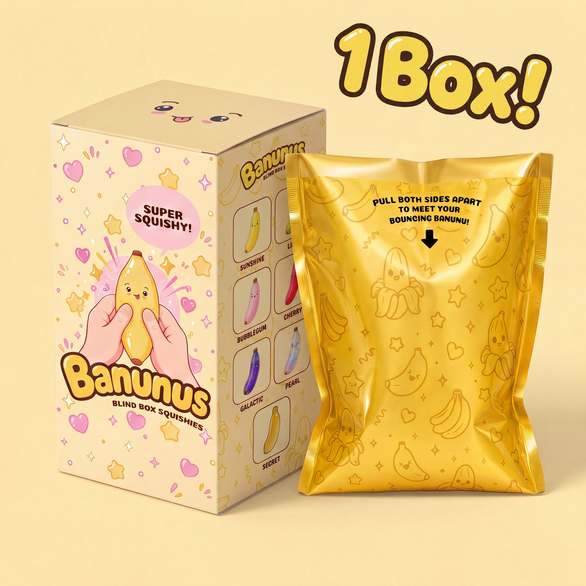 Single Banunu squishy banana blind box: printed Banunus card box beside its sealed gold foil bag