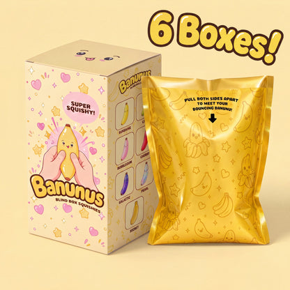 The Tray, 6 Banunus squishy banana blind boxes: printed card box beside a sealed gold foil bag